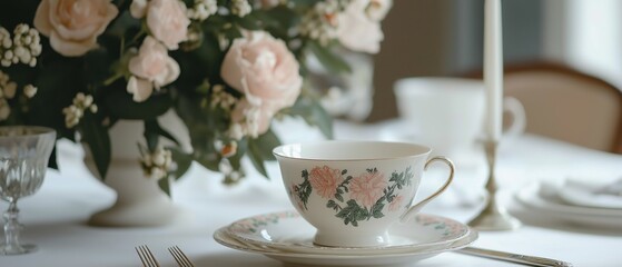 Table set for a formal dinner party. the table is covered with a white tablecloth and has a vase of pink roses on the left side.