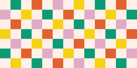 Vibrant trippy checkerboard with grid, retro aesthetic. Groovy geometric, bold colors, psychedelic 70s pattern.