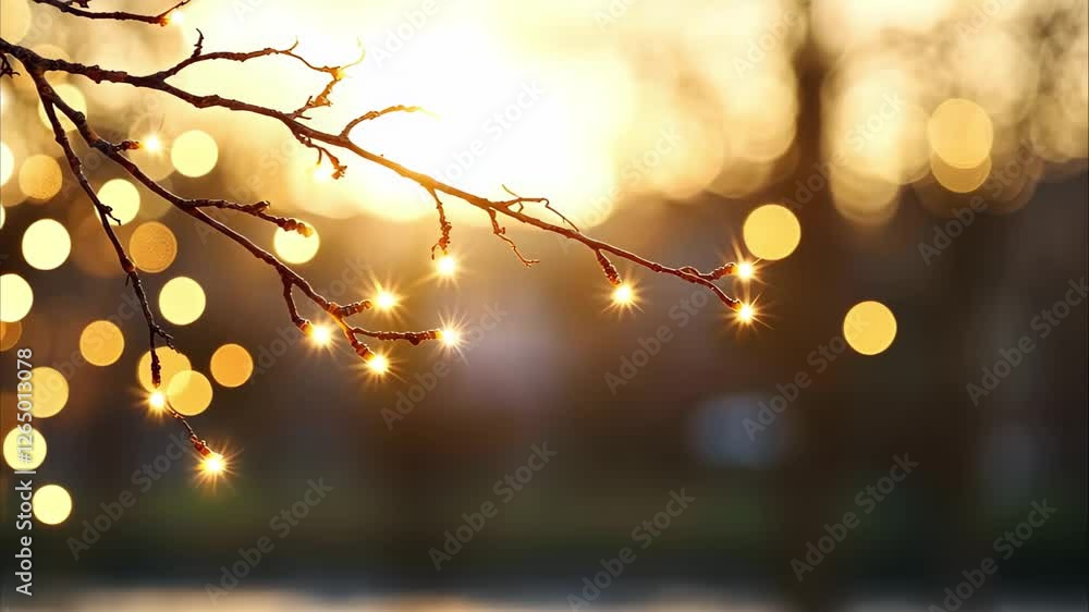 Poster a branch with sparkling light reflections against a blurred golden background, creating a warm and m