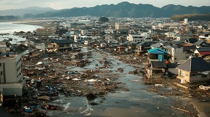 Devastated coastal city after a massive tsunami with widespread destruction, debris, and flooded streets