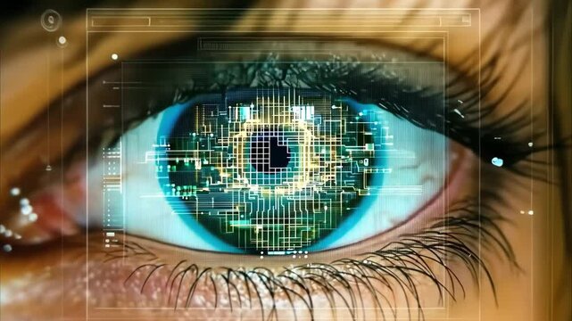 A close-up of an eye with a futuristic digital pattern in the iris, blending technology with human features.