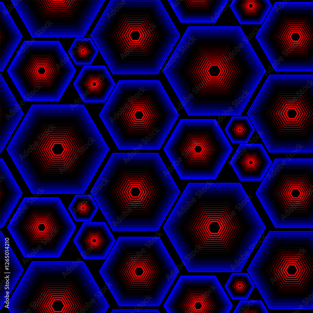 Poster hypnotic seamless pattern with hexagonal optical depth illusion in red and blue tones. ideal for mod