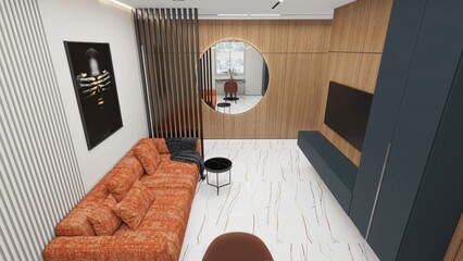 This modern living room features an orange velvet sofa, wood paneling, and a round mirror. A bold black-and-gold portrait adds contrast, while marble flooring enhances elegance
