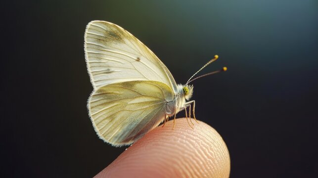 A delicate white butterfly rests on a fingertip, showcasing its intricate wings with soft textures under gentle natural light, capturing a moment of calm gentleness. - Powered by Adobe