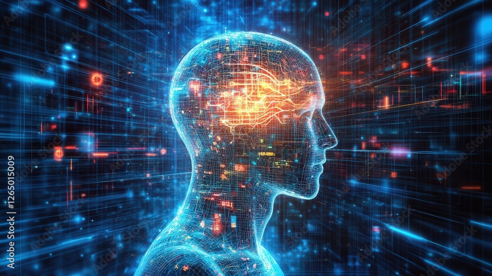 Poster ai and technology illustration with glowing neural networks and data streams.