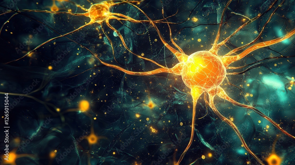 Poster ai and technology illustration with glowing neural networks and data streams.