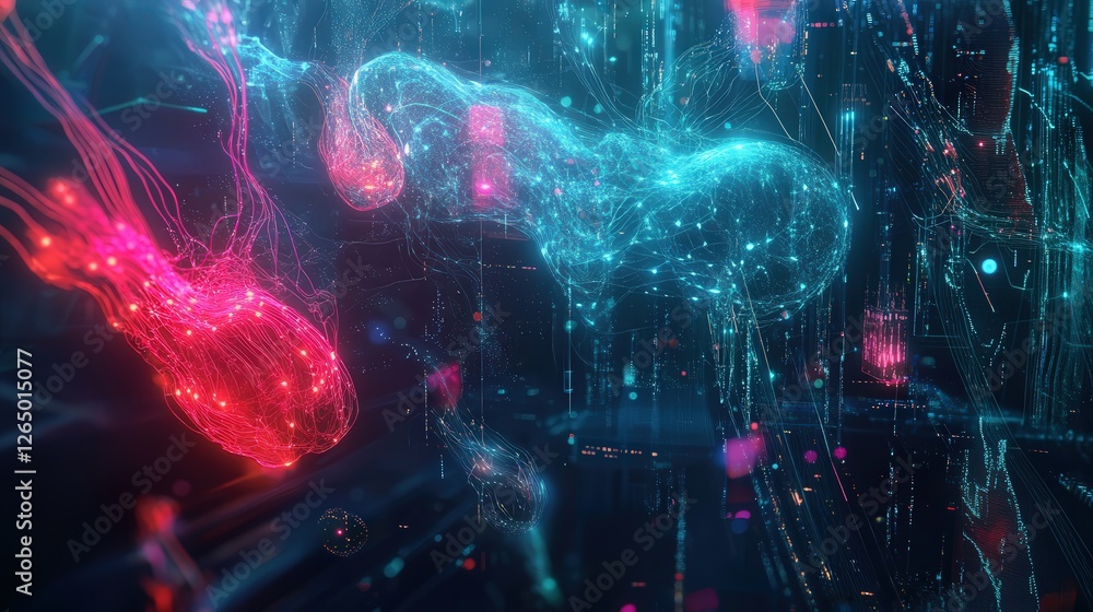 Poster ai and technology illustration with glowing neural networks and data streams.