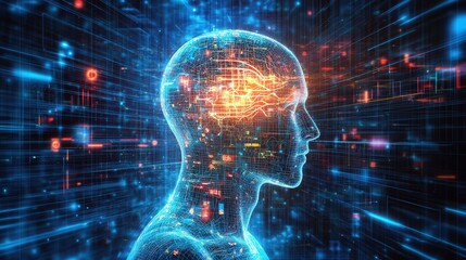 AI and technology illustration with glowing neural networks and data streams.