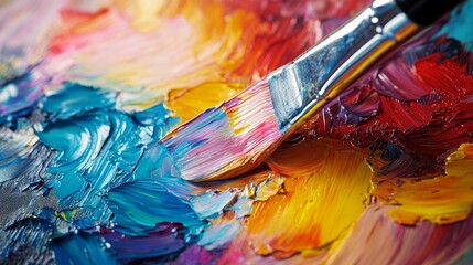 Obraz premium Oil portrait painting in multicolored tones. Abstract picture of a beautiful girl. Conceptual closeup of an oil painting and palette knife on canvas.