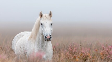 Obraz premium White horse in foggy field, autumn heather. Peaceful nature scene, ideal for calendars