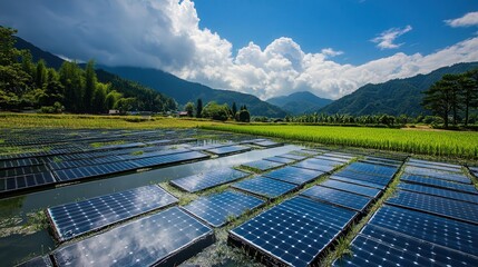 rice paddy using floating solar panels for energy-efficient irrigation.