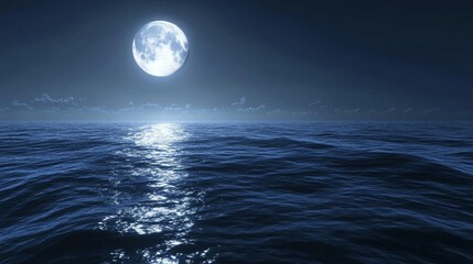 A bright full moon casts a silver path across the vast ocean, creating a serene and enchanting nocturnal landscape.