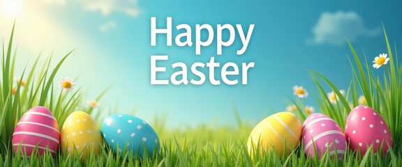 Happy Easter Banner with Colorful Decorated Eggs in Green Grass Field