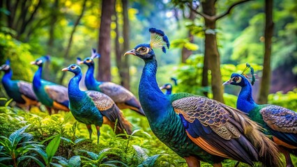 Obraz premium Majestic Peacocks Dancing in Lush Green Forest - Wildlife Stock Photo