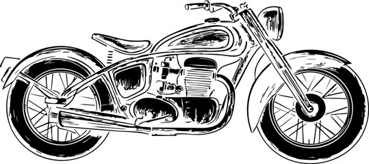 A classic vintage motorcycle sketch in black and white perfect for apparel prints or biker themed designs.