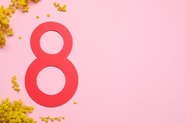 8 March greeting card design with mimosa flowers, top view. Happy International Women's Day