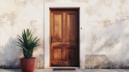 Rustic charm of a wooden door with potted plant in sunlit setting