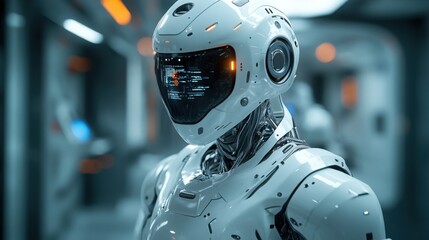 Fototapeta premium Futuristic White Robot Advanced AI Technology Close up View Sci Fi Concept