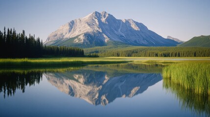 Obraz premium Majestic mountain reflected in tranquil lake, surrounded by pine trees under a clear blue sky, showcasing nature's pristine beauty.