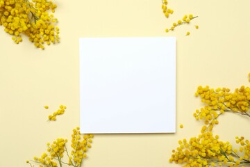 Beautiful composition with spring mimosa branches and white paper card on a color background