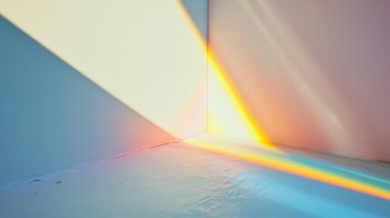 Sunlight streams through a corner, creating vibrant prisms of color that dance across the blank walls and floor.