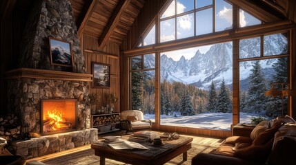 mountain lodge with a roaring fireplace and snow-covered peaks outside.