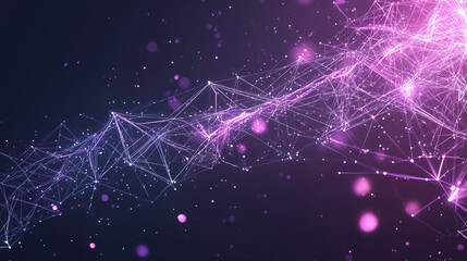 Fototapeta premium An abstract image depicting a network of interconnected nodes and lines. Pink and purple hues glow against a dark background, suggesting data flow or digital connections