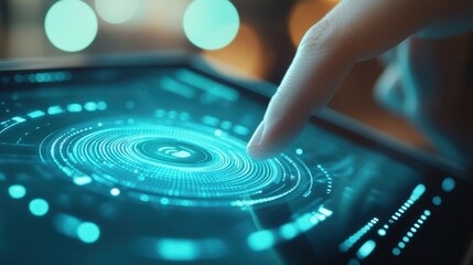 A closeup shot features a biometric payment icon displayed prominently on a smartphones screen with a finger in motion above the touchscreen indicating an active scanning process. The