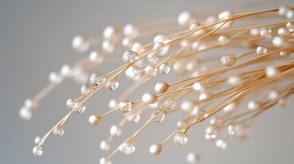 Stems adorned with pearls and crystal droplets create a whimsical, delicate design against a soft-focus backdrop.