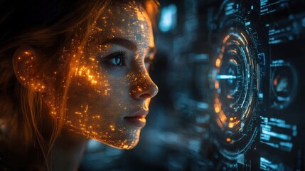 Futuristic Woman Face Scanned by Digital Interface Abstract Technology Portrait