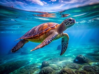 Obraz premium Majestic Sea Turtle Close-Up: Vibrant Underwater Minimalist Photography