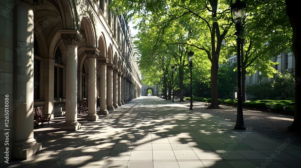 Poster sunlit pathway through a collegiate courtyard with classical columns