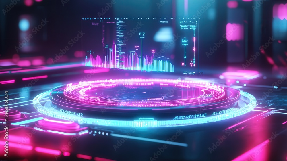 Poster digital marketing concept image with holographic analytics and futuristic design.