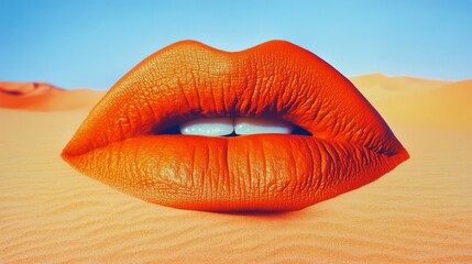 Bold, oversized lips in a vivid orange hue float against a surreal desert backdrop, merging art with nature's vastness in striking contrast.