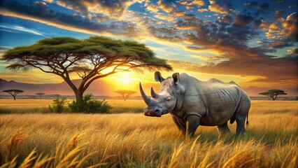 Fototapeta premium Majestic Southern White Rhino in African Savanna Sunset