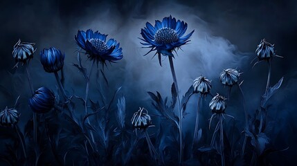 Fototapeta premium Midnight Bloom: Blue Flowers in a Dark, Dreamy Meadow AI Generated