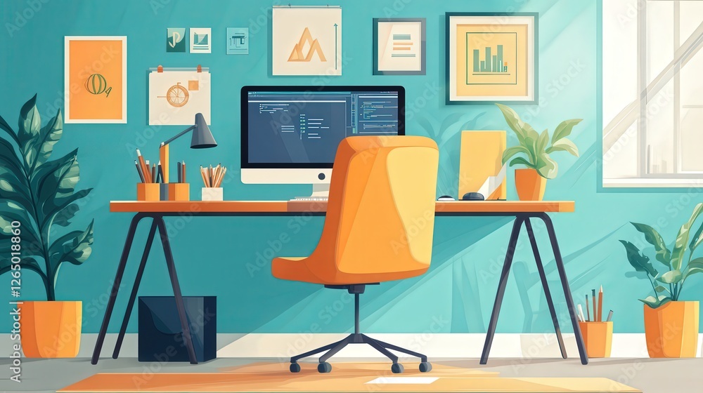 Poster workspace with design software on a computer screen, brainstorming tools, and a comfortable chair.