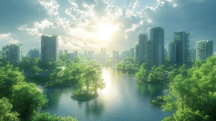 Obraz premium Lush Green Cityscape Sustainable Urban Park with Modern High Rise Buildings at Sunset