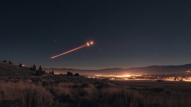A dusk-lit field beneath a starlit sky, with glowing trails crossing above a city landscape, merging nature and urban life seamlessly.