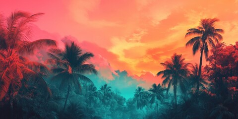 Tropical sunset and palm trees lush jungle nature photography serene landscape colorful sky peaceful vibe