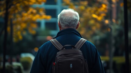 Obraz premium A person with a backpack stands alone on a city street, autumn leaves and soft lighting convey a sense of calm and reflection.
