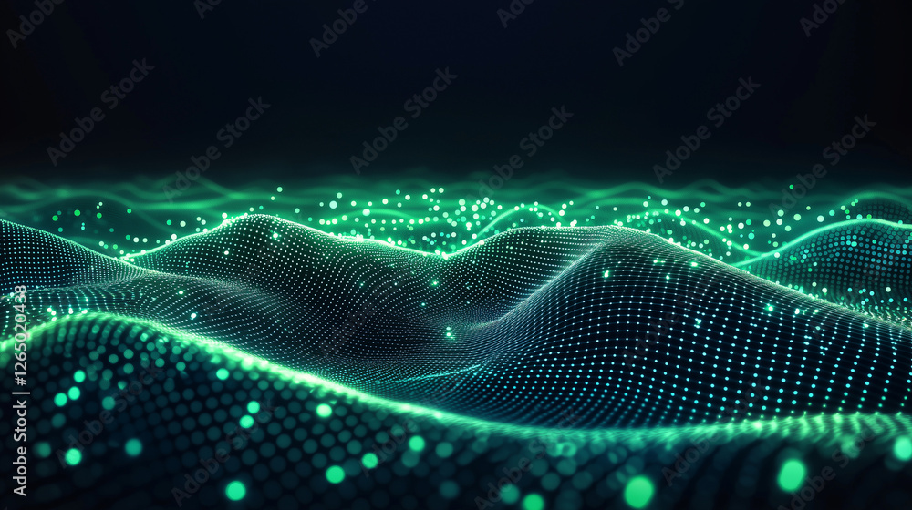 Aufkleber abstract image depicting a flowing, undulating wave of green data points, resembling a digital lands