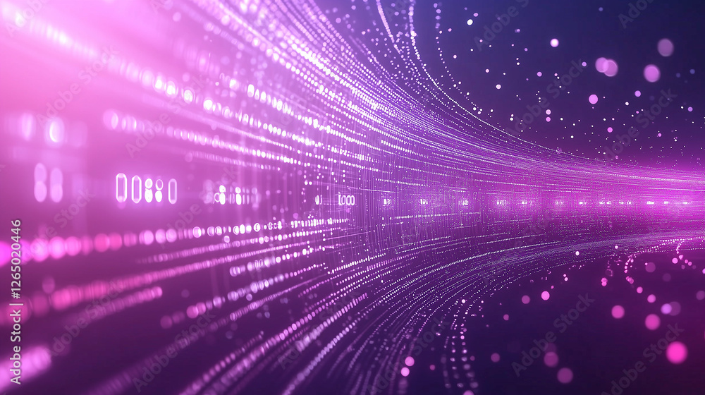 Poster purple glowing data streams curve through space, creating a futuristic and technological aesthetic