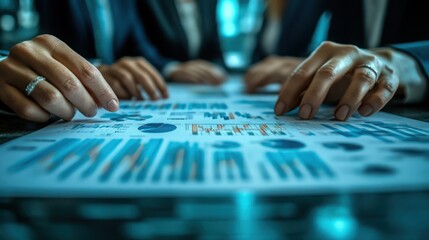 Fototapeta premium Businesspeople Analyzing Financial Charts and Graphs Data Review Meeting Close Up Hands
