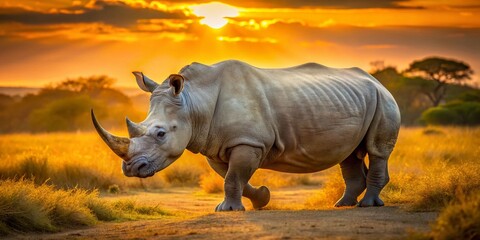 Obraz premium Majestic White Rhino at Sunset: A Candid Wildlife Photo