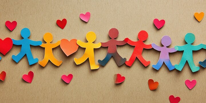 Colorful paper chain people and hearts representing unity and diversity