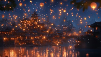 Obraz premium glowing lantern festival, with thousands of lights floating into the sky.
