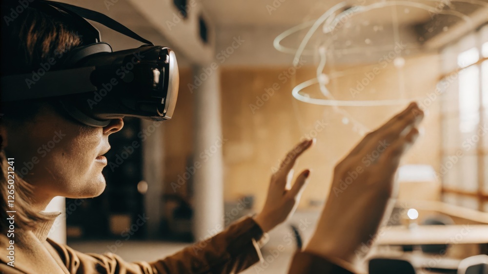Poster a closeup of a user wearing advanced vr goggles their face exhibiting intrigue as they manipulate a 