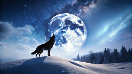 Majestic Wolf Silhouette Howling at a Snowy Moonlit Night