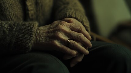 Fototapeta premium A pair of wrinkled hands rest symbolically in a dim room, revealing a lifetime's stories and gentle reflections.
